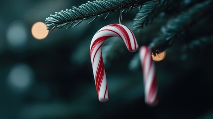 Two red and white candy canes dangle from a green pine branch, with softly blurred lights in the background, enhancing the festive ambiance.