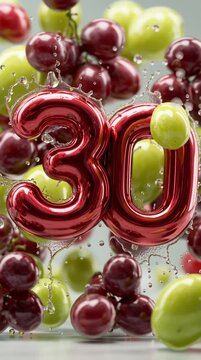 Sweet 30: A vibrant celebration of turning thirty, featuring glossy number balloons surrounded by ripe, juicy grapes, a perfect blend of elegance and joyful celebration. 