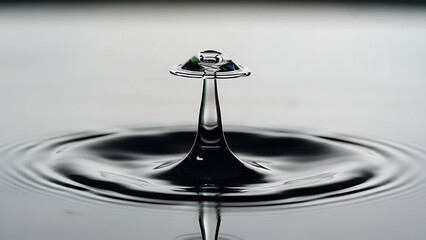 A macro shot of a water droplet collision creating a mushroom shape and ripples on a gray background