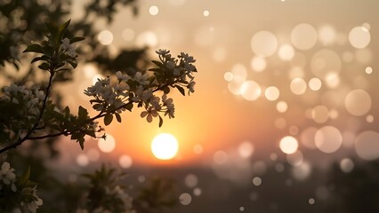 Blooming branch silhouette against a bright sunset with bokeh lights in the background view scene