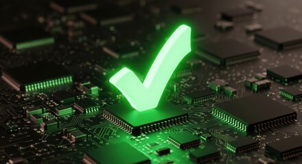 Green glowing validation symbol on electronic circuit board indicating positive result