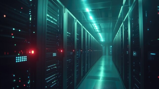 Network server room, High-tech data center with rows of server cabinets illuminated by vibrant LED lights, symbolizing the advanced technology behind cloud computing and big data. - Powered by Adobe