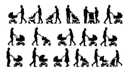 Silhouettes of parents with strollers isolated on white background, Vector