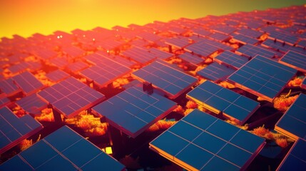 Vast Solar Panel Field Bathed in Golden Sunset Light.