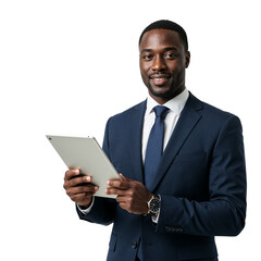 Smiling businessman in suit holding tablet device in professional setting isolated on transparent background