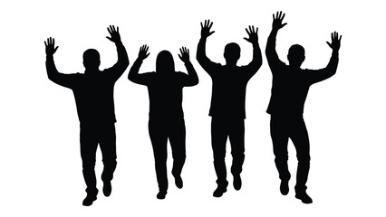 Four people silhouettes jumping with hands raised isolated on white background, Vector
