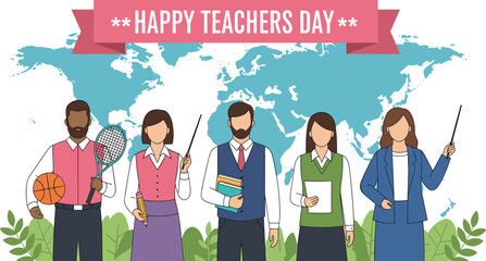 Happy Teachers Day banner with diverse educators standing in front of the world map, celebrating global teaching and appreciation vector illustration