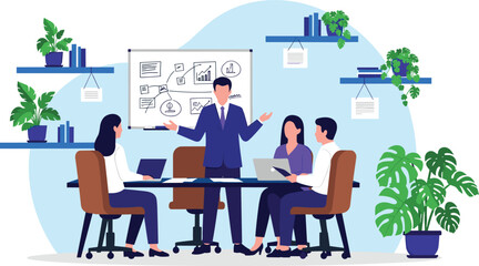 Business team meeting or presentation, featuring a speaker discussing strategy and financial data charts on a whiteboard to colleagues in the office vector
