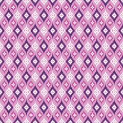A repeating textile pattern with staggered, stylized diamond shapes in shades of magenta, dark purple, and white on a soft lilac background, characteristic of Ikat weaving.