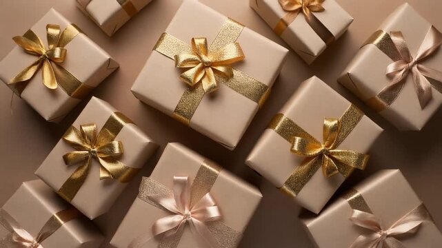 A beautiful collection of elegantly wrapped gift boxes with shimmering gold and delicate pink ribbons, perfect for any special occasion or joyous celebration