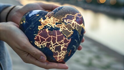 An ultra-realistic human heart transformed into a glowing geographical map, held gently in cupped hands as a profound metaphor for offering your entire world to someone.