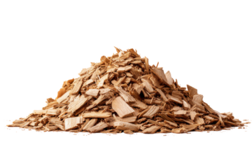 Pile of light brown wood chips against a black background heap material, Isolated On Transparent Background, Png Cut Out