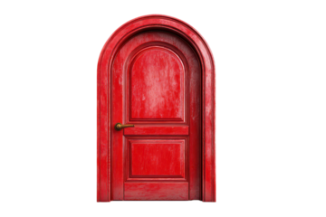 Red arched wooden door with brass handle on black background image, Isolated On Transparent Background, Png Cut Out