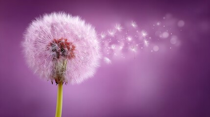 Fototapeta premium Pastel Purple Dandelion Seeds Blowing Soft Brush Strokes Symbol Hope Center Copy Space for Poster & Card