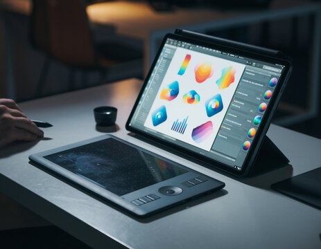 Digital Graphic Design Workflow Tablet, Stylus, and Color Palette on Display Creative Process in Action, Modern Workplace