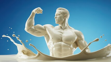 Muscular man covered in milk flexing his arm in front of a blue background