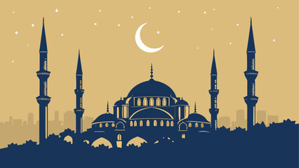Silhouette of mosque with crescent moon and stars