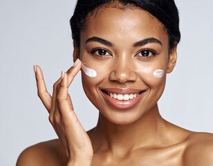Smiling woman with dark skin applying cream to her face