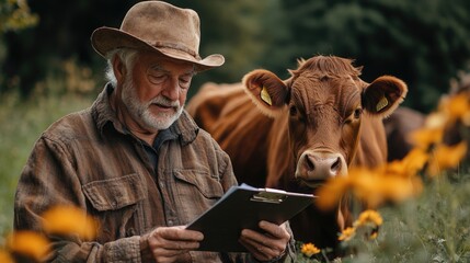 Senior farmer man cattle farming owner holding a clipboard with checklist details and taking care of cows in the countryside farm.