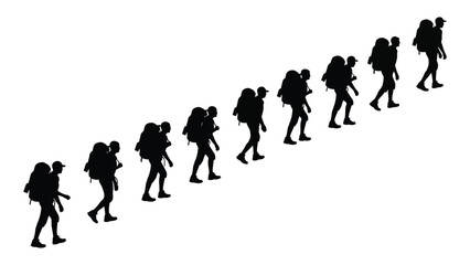 Silhouettes of hikers with backpacks isolated on white background, Vector