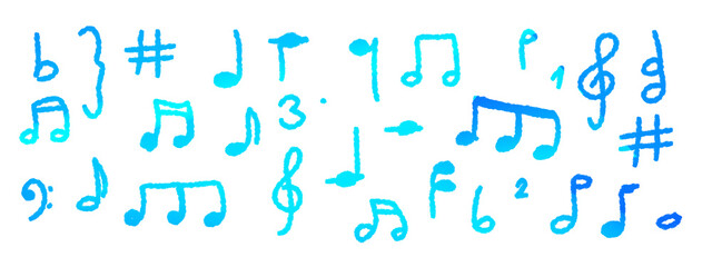 water drops alphabet, hand-drawn set of different music notes icons isolated on white or transparent png