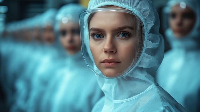 Focused Gaze: A determined woman, clad in protective gear, stands at the forefront. Representing the future of innovation. Surrounded by individuals in identical attire.
