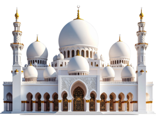 Side-Angle White Mosque with Gold Trim and Decorative Arches, Isolated PNG