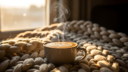 Steaming cup of coffee with latte art on a cozy knitted blanket in soft morning light, a perfect start to the day