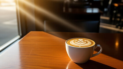 A tranquil morning scene with golden sunlight illuminating a perfectly crafted latte, adorned with intricate foam art, on a warm wooden table in a cozy cafe setting