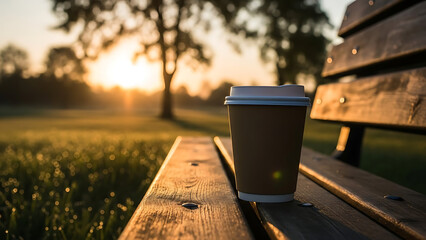 Enjoying Coffee in Nature A Relaxing Morning with a Drink on a Wooden Bench at Sunrise