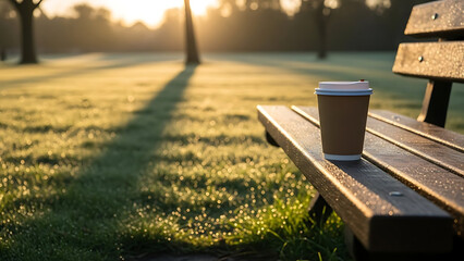 Warm Morning Coffee on a Park Bench Serene Moment in Nature's Embrace