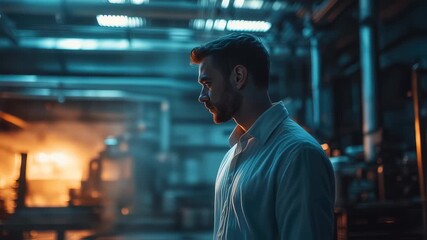 Man in a lab coat stands pensively amidst industrial machinery with hot steam and blue light