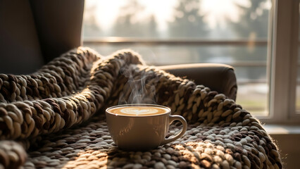 Cozy morning coffee break with a warm blanket in soft sunlight