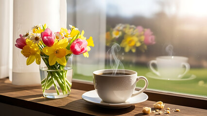 Morning Still Life Flowers, Coffee, and Sunlight by the Window