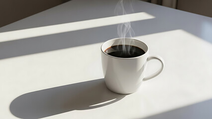 A serene moment captured with a steaming hot cup of fresh coffee in a minimalist white mug, bathed in the soft glow of natural sunlight casting dramatic shadows across a bright table