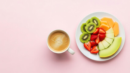 A top-down view of a breakfast spread featuring a refreshing cup of coffee and a colorful plate of fresh fruit