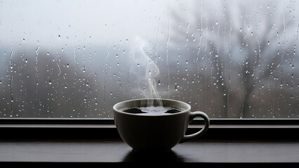 The comforting steam from a freshly brewed cup of coffee rises against the backdrop of a rain-splashed window, evoking a feeling of warmth and peaceful contemplation on a cozy day indoors