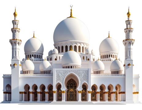 Side-Angle White Mosque with Gold Trim and Decorative Arches, Isolated PNG - Powered by Adobe