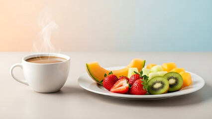 Healthy Morning Fresh Fruit Plate and Steaming Cup of Coffee on a Bright Table