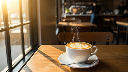 Steaming hot coffee with intricate latte art on a rustic wooden table, bathed in warm morning sunlight, creating a cozy and inviting atmosphere within a modern cafe setting
