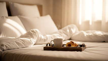 Cozy Breakfast in Bed A Delightful Start to the Day with Coffee and Croissant