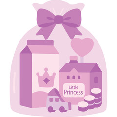 Pink gift bag with princess theme icon, perfect for fairy tale birthdays, girls’ parties, or illustrating magical, royal, and sweet celebration.