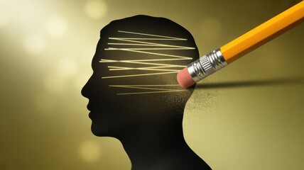 Silhouette of a head with eraser removing thoughts and memories concept