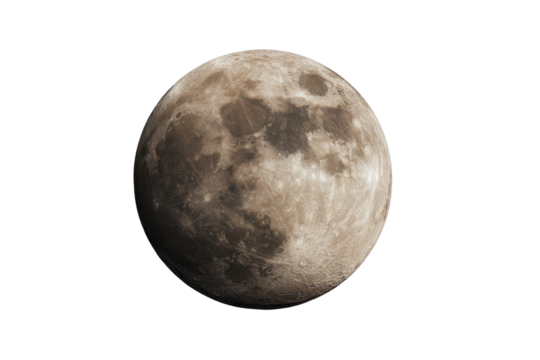 Detailed view of the full moon with visible craters and maria against black space lunar celestial, Isolated On Transparent Background, Png Cut Out