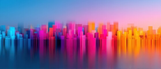 Fototapeta premium Semi Artsy Color palette concept. Colorful abstract city skyline with vibrant hues reflecting on water.