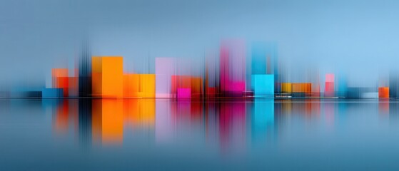 Semi Artsy Color palette concept. Abstract skyline with colorful buildings reflected in water.