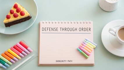 Colorful workspace arrangement featuring stationery, dessert, and a coffee cup for productivity and creativity inspiration