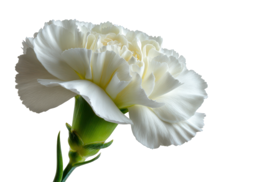 Single white carnation flower with ruffled petals and green stem on black background bloom blossom, Isolated On Transparent Background, Png Cut Out