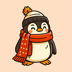 Cartoon penguin with hat and scarf exudes winter cheer