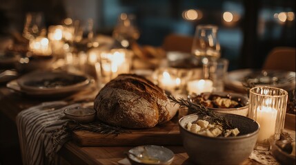 Fototapeta premium A beautifully arranged dinner table with bread, cheese, candles, and warm ambiance.